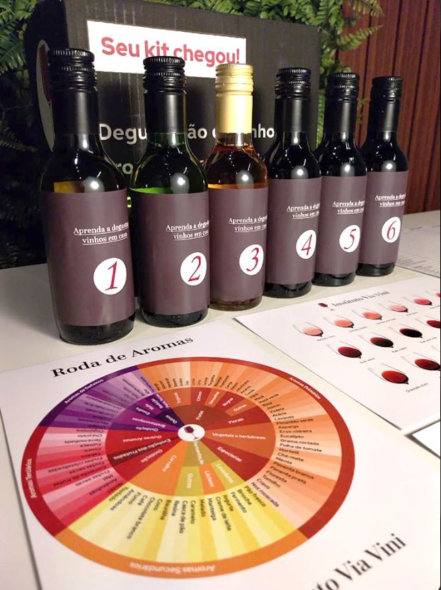 Garrafas numeradas do Kit Degustação Prática Via Vini e roda de aromas